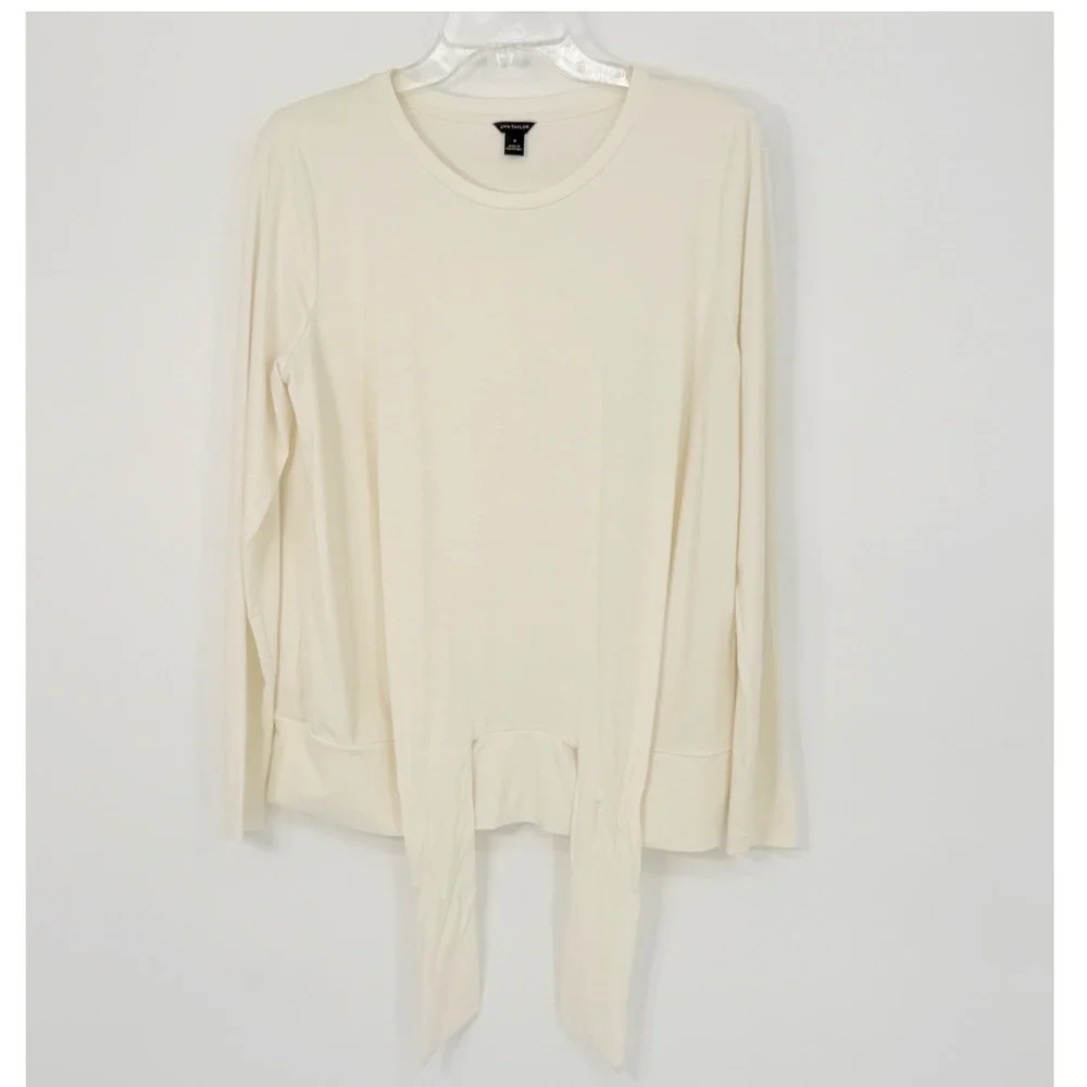 Ann Taylor Ivory Cream Tie Front Knot Long Sleeve Crew Neck Top M Preppy 102-71